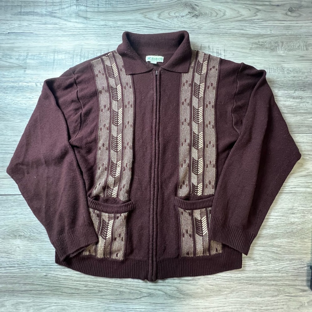 Haband Full Zip Sweater Mens XL Burgundy Geometric Knit Retro Grandpacore J18